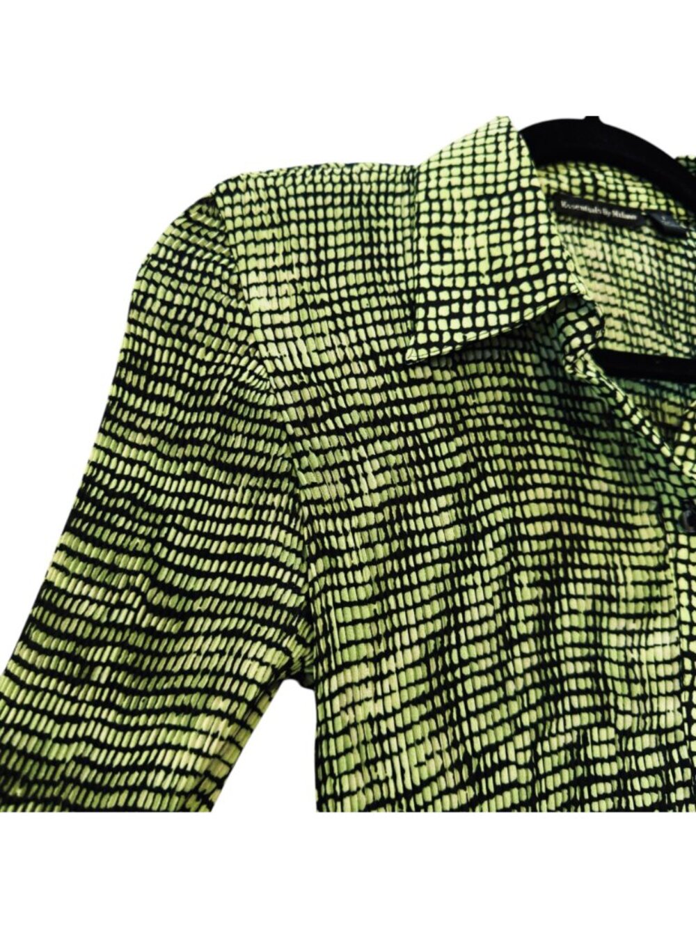 Essentials by Milano Lime Green Black Crinkle Blouse S Witchy Flare Sleeves - Picture 6 of 9